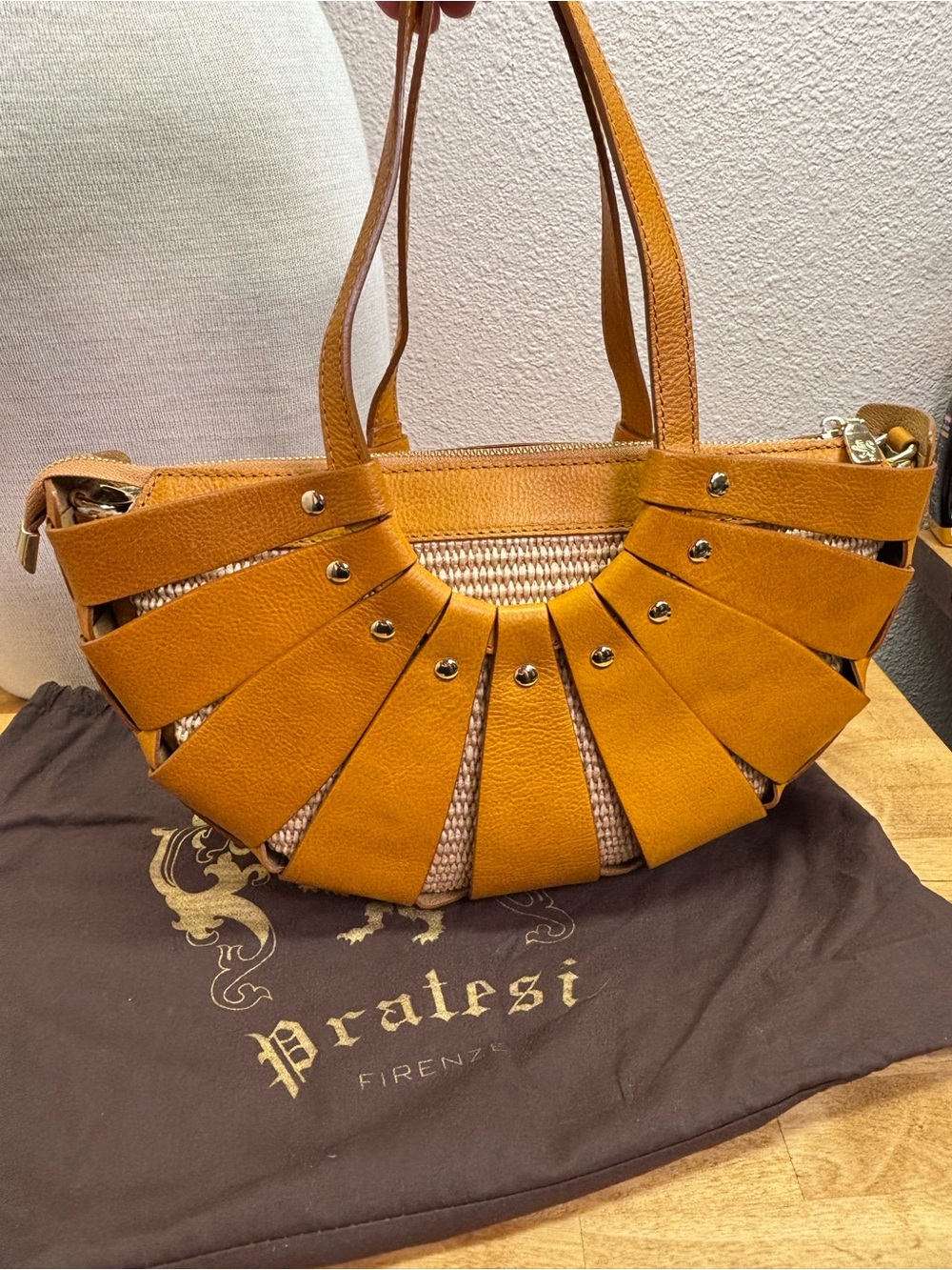 Pratesi Firenze Italian Leather Straw Fan Cage Satchel Shoulder Bag Yellow - Picture 5 of 15